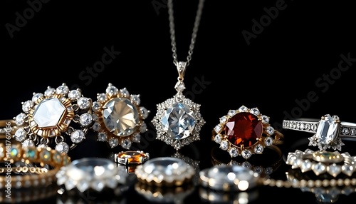 collection of rings and pendants on a black surface