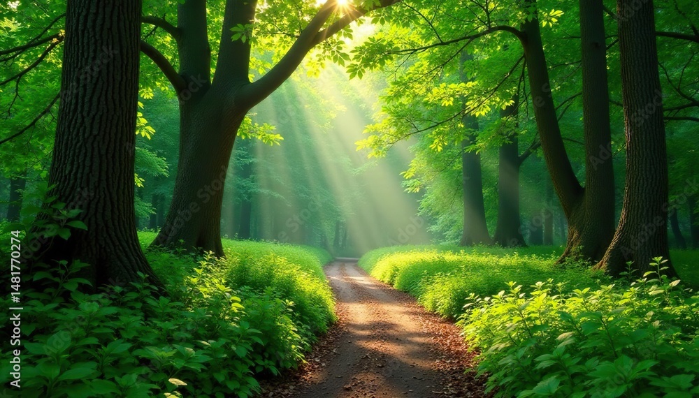 Fototapeta premium Sun-dappled forest path winding through lush green foliage , calm, trees