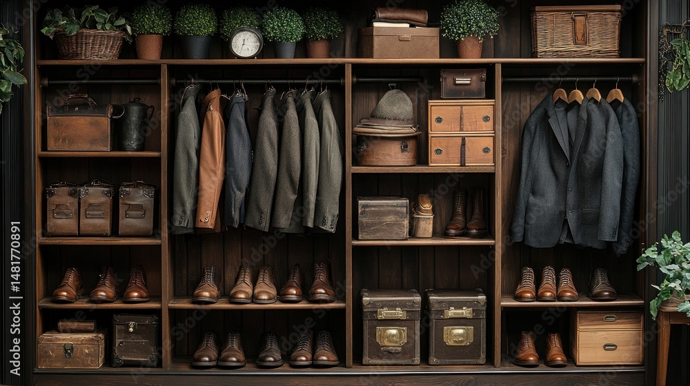Well-organized wooden wardrobe showcasing various clothing and accessories. Well-organized wooden wardrobe showcasing various clothing and accessories.