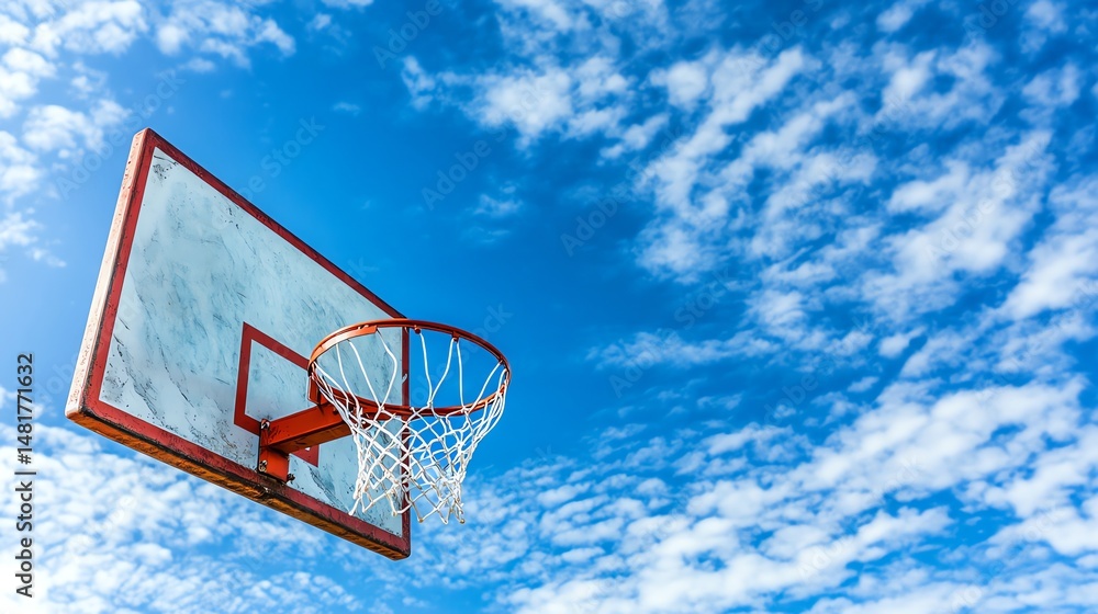 A basketball hoop stands against a bright blue sky. A basketball hoop stands against a bright blue sky.