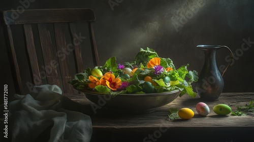 Colorful spring salad with painted easter eggs and blossoms.