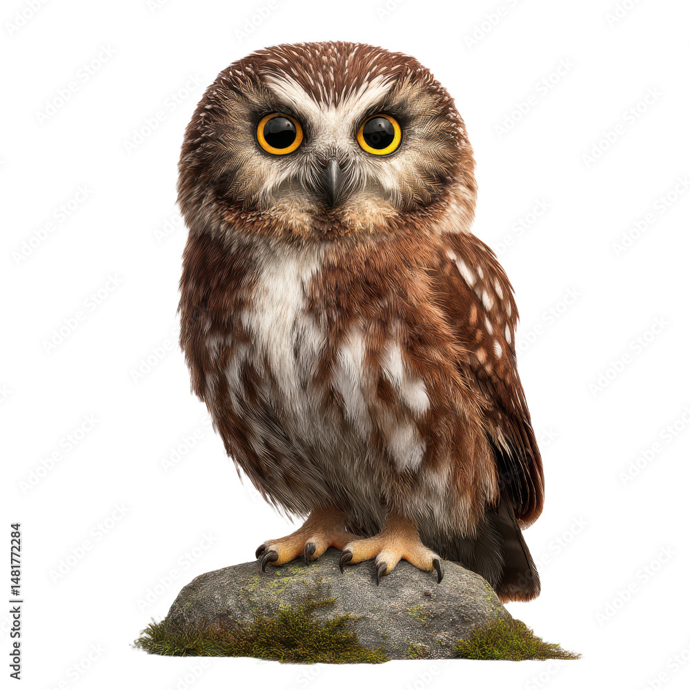 Naklejka premium Realistic brown spotted owl perched on mossy rock isolated on transparent background