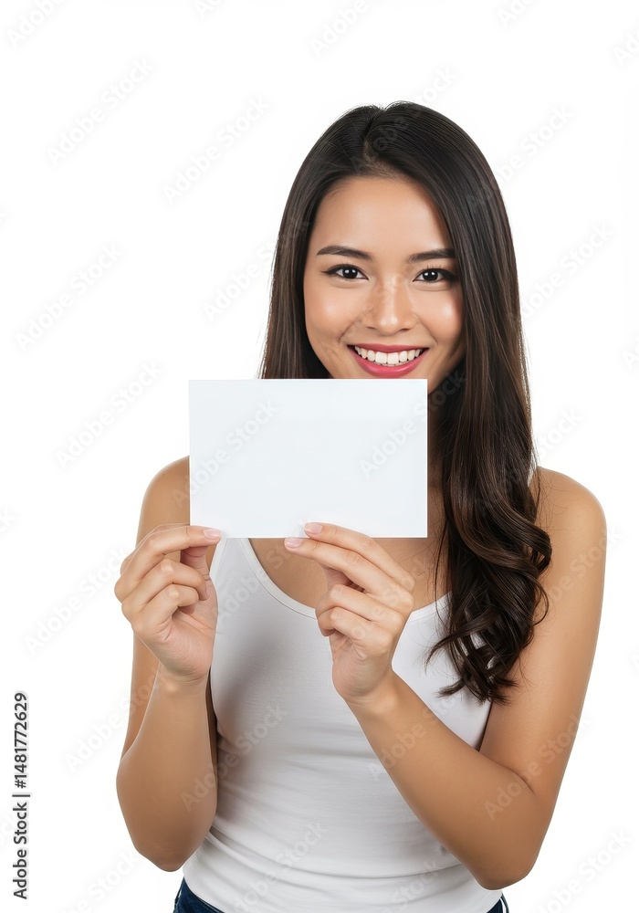 Photo of Smiling Young Woman Holding Blank White Card Photo of Smiling Young Woman Holding Blank White Card