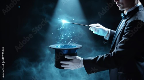 Magician Performing Magic Trick with Top Hat and Wand