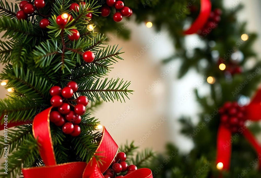 close up of a christmas wreath with a red bow close up of a christmas wreath with a red bow