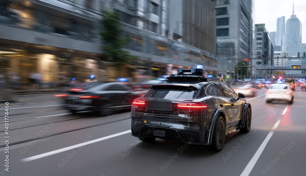 Fototapeta premium Futuristic car speeding through city streets.