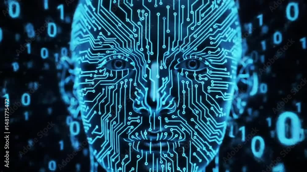 Future AI tech machine learning, face outline circuit board and binary data flow on blue Loop background