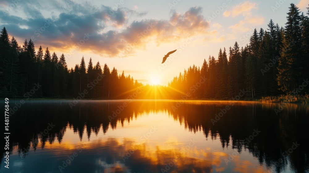 Fototapeta premium A serene lake reflects pine trees under a golden sunset, as a lone bird gracefully soars through the tranquil sky, adding to the peaceful scene