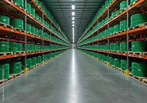 Vast warehouse aisle stretches into the distance, filled with neatly stacked pallets of vibrant green cable spools, a scene of organized industrial storage. photo
