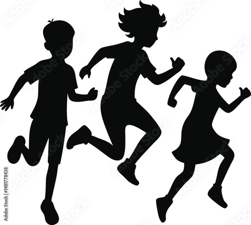 Silhouettes of Three Children Running and Playing Outdoors