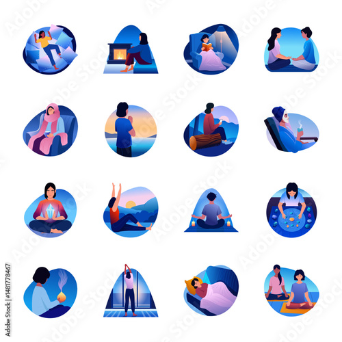 Set of Flat Style Sleep and Meditation Illustrations 

