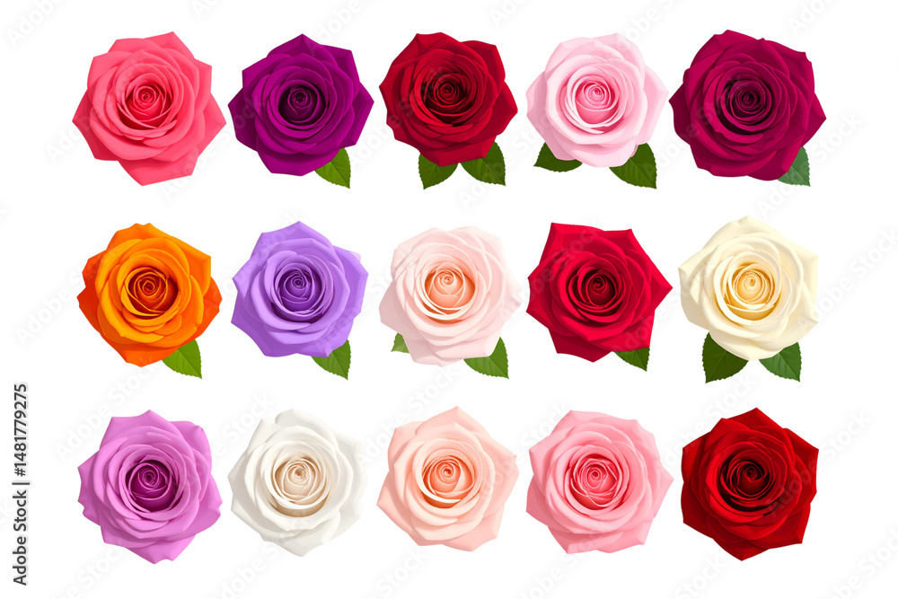 A set of roses in different colors, pink red purple cream and white, transparent background A set of roses in different colors, pink red purple cream and white, transparent background