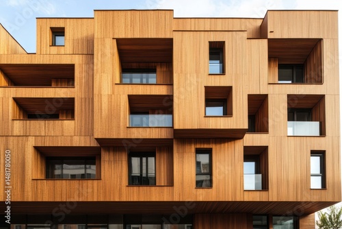 Modern apartment building facade with wooden cladding