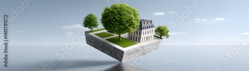 A massive castle floating upside down above a reflective lake, creating a perfect mirrored illusion, dreamlike lighting, hyper-detailed architecture, cinematic storytelling