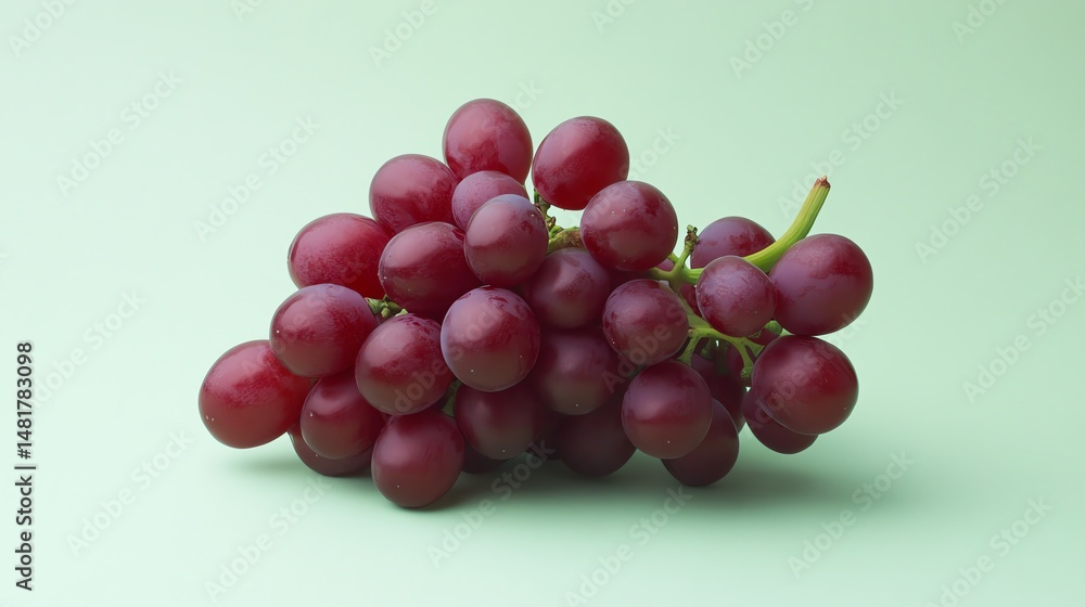 A vibrant bunch of grapes rests on a light green background. A vibrant bunch of grapes rests on a light green background.