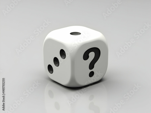 Photorealistic Depiction of a Solitary White Die with a Question Mark and Numbered Sides, Symbolizing Uncertainty and Challenges in Decision Making