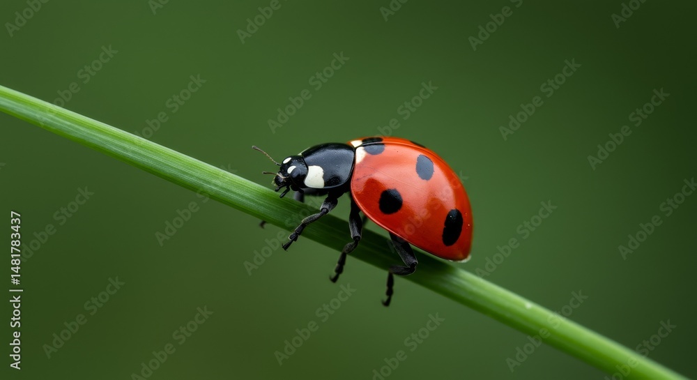 Naklejka premium Photo Ladybug Crawls on Green Grass Blade