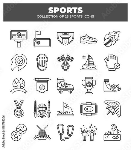 Collection of 25 Sports Icons. Sport Equipment. Game. Activity Line Vector Icons Set