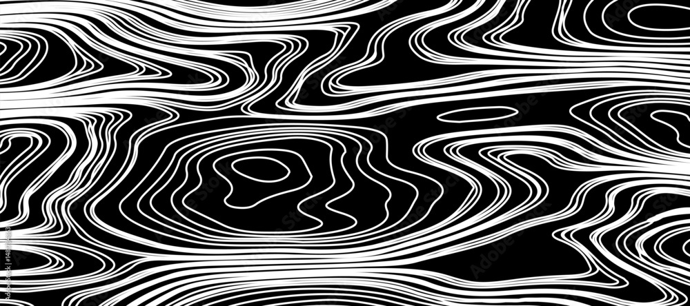 Obraz premium Topographic map like abstract backdrop. vector monochrome seamless pattern, curved lines, black & white layered texture. Abstract dynamical rippled surface.