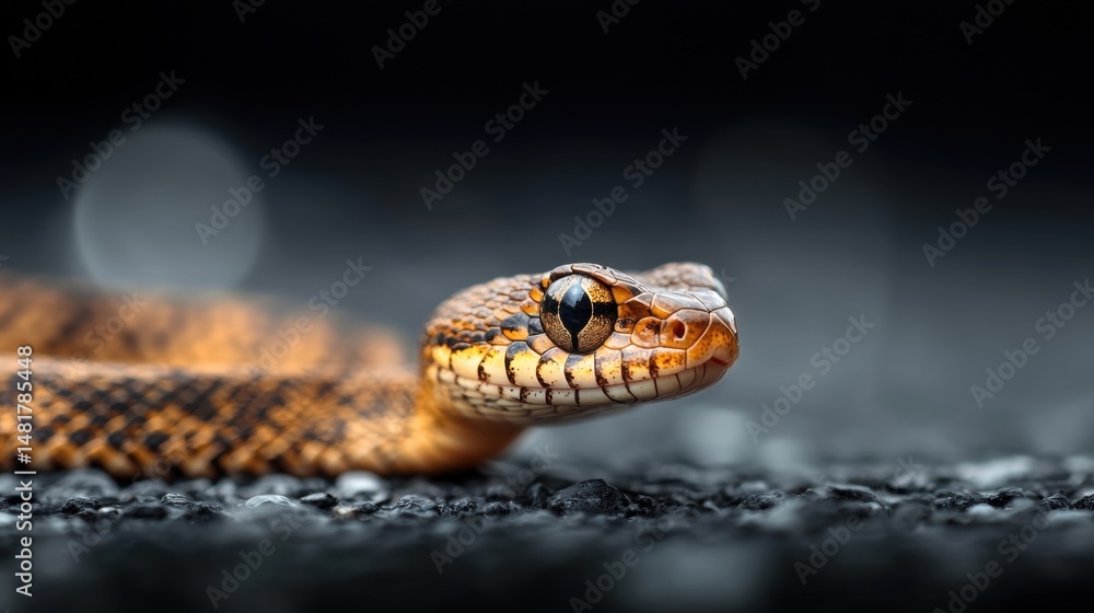 Fototapeta premium A close-up of a snake's head and neck, with a striking pattern of orange, black, and white scales.