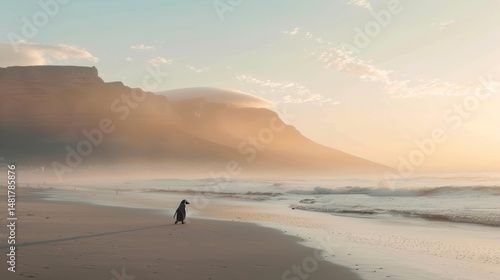 Penguin walks beach sunrise