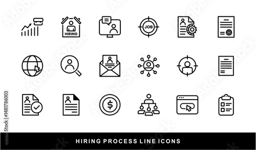 Hiring Process Line Icons. Recruitment, Job Application, Interview, Candidate Selection Vector Set