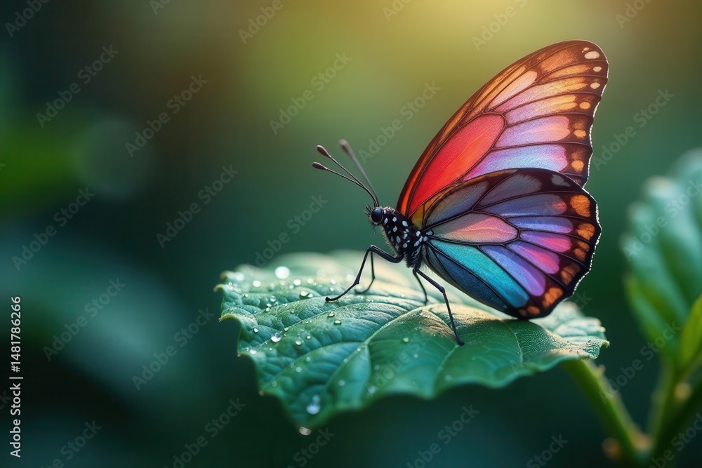 Obraz premium A vibrant iridescent butterfly delicately perched on a dew-kissed leaf, bathed in the soft glow of morning light, a symbol of nature's breathtaking artistry and ephemeral beauty.