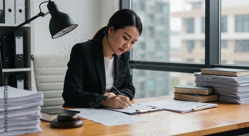 Focused legal professional meticulously reviewing documents in modern office setting