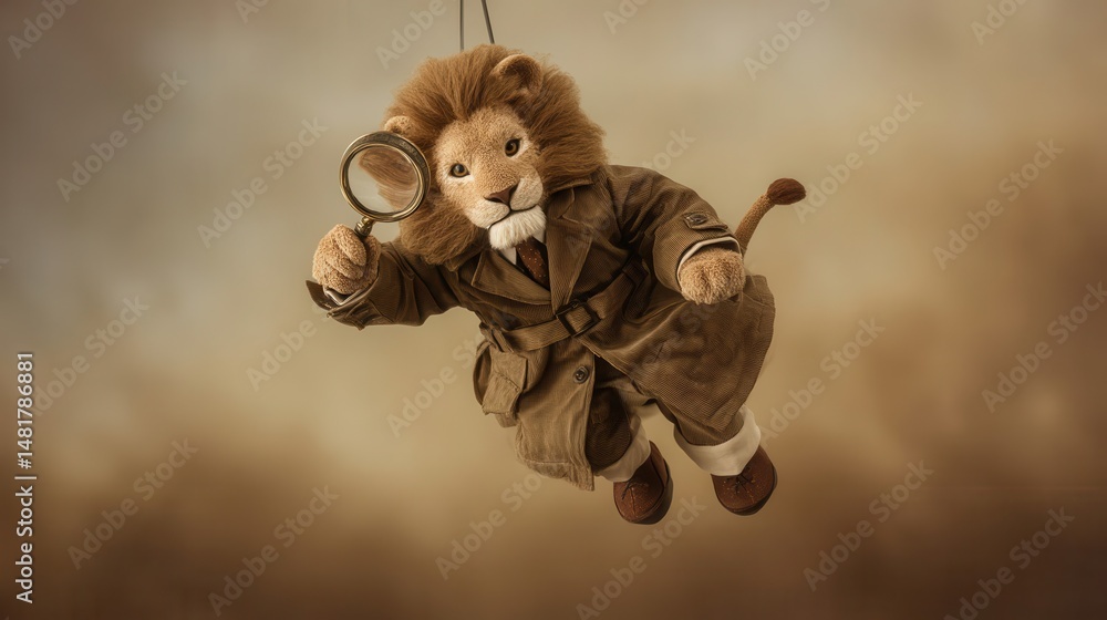 Obraz premium A curious lion plush toy, suspended in mid-air, holds a magnifying glass.