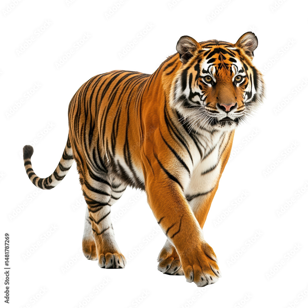 Fototapeta premium Tiger walks, its majestic presence fills frame, isolated for design, majestic power. 