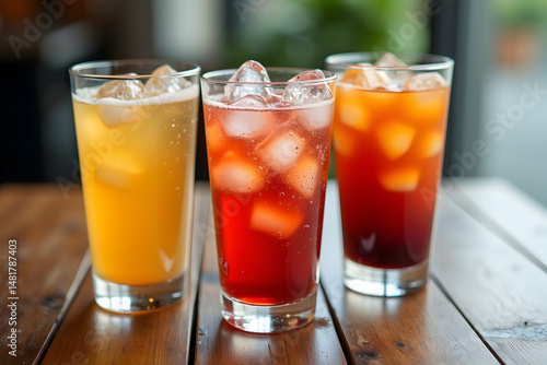 Wallpaper Mural Refreshing Trio, Close-up of Three Glasses Filled with Varied Soft Drinks and Ice Cubes on a Wooden Surface, Perfect for Summer and Relaxation Torontodigital.ca