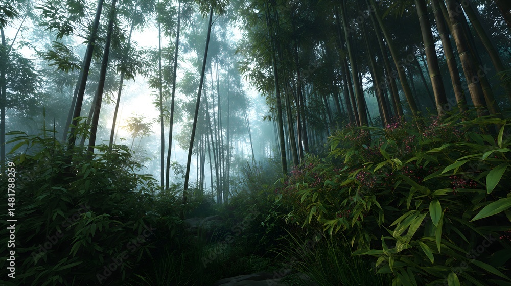 Fototapeta premium Misty bamboo forest in China at dawn creating a serene and tranquil atmosphere with dense greenery and soft light filtering through the fog