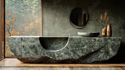 Elegant stone bathtub in a modern bathroom, showcasing natural textures and earthy tones, perfect for luxury home decor and wellness themes.