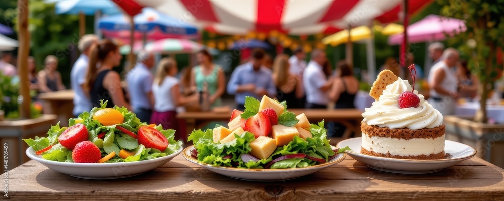 a fantasy food festival where each stall offers a unique salad, signature compote, and creative dessert. a fantasy food festival where each stall offers a unique salad, signature compote, and creative dessert.