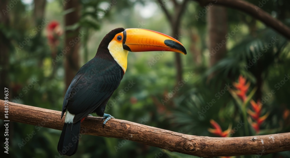 Photo of a Toucan Perched on a Branch in Tropical Rainforest Photo of a Toucan Perched on a Branch in Tropical Rainforest