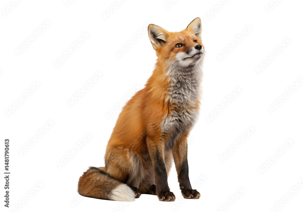 Fototapeta premium Red fox isolated, alert gaze upward. This alert animal is watching, truly alert. Perfect for wildlife themes. 