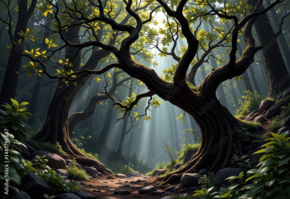 Fototapeta premium a canopy of gnarled branches shields the hollow from sunlight as mist drifts in from the forest.
