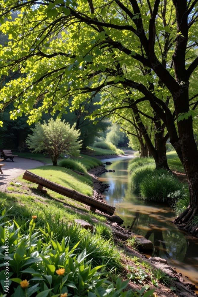 Obraz premium a shaded grove beside a river, where wildlife gathers to drink and bathe.
