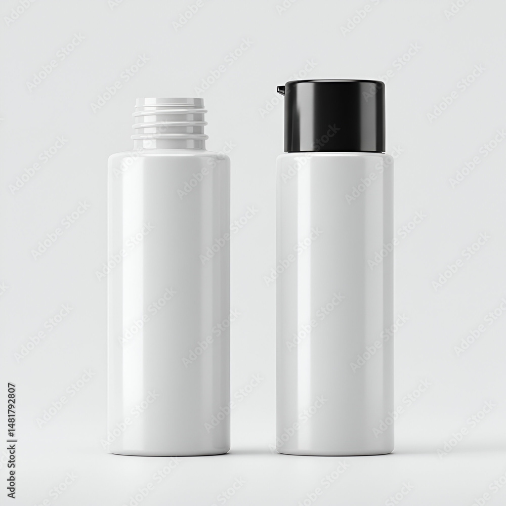 Empty white plastic bottles with black caps in a studio setting. Product mockup of two identical cylindrical bottles standing upright against a plain white background. Empty white plastic bottles with black caps in a studio setting. Product mockup of two identical cylindrical bottles standing upright against a plain white background.