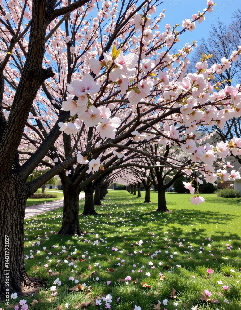 Naklejka premium a grove of cherry trees provides fleeting shade during spring, sheltering wildlife and flowers.