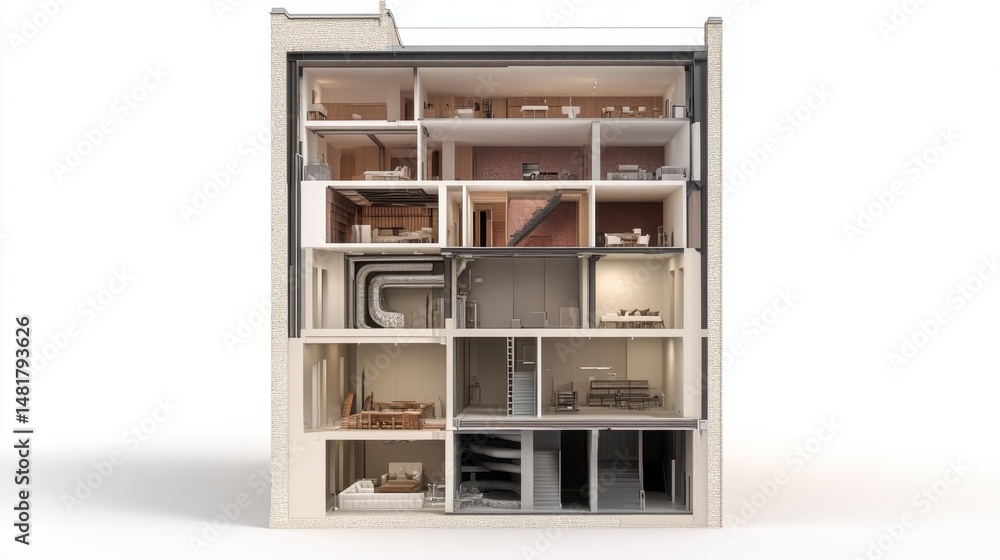 Multi-level building with centralized vertical soil pipe running across floors Multi-level building with centralized vertical soil pipe running across floors