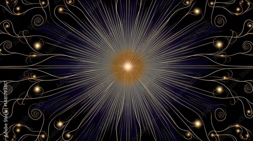Fototapeta premium Abstract golden sunburst design with intricate swirling lines and glowing elements on a dark background for use in artistic and creative projects