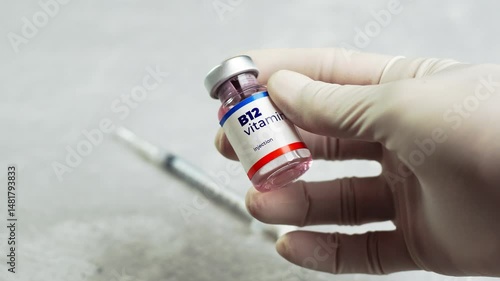 a doctor checks the vitamin b 12 in a vial and shows it to the camera. health and medical concepts.