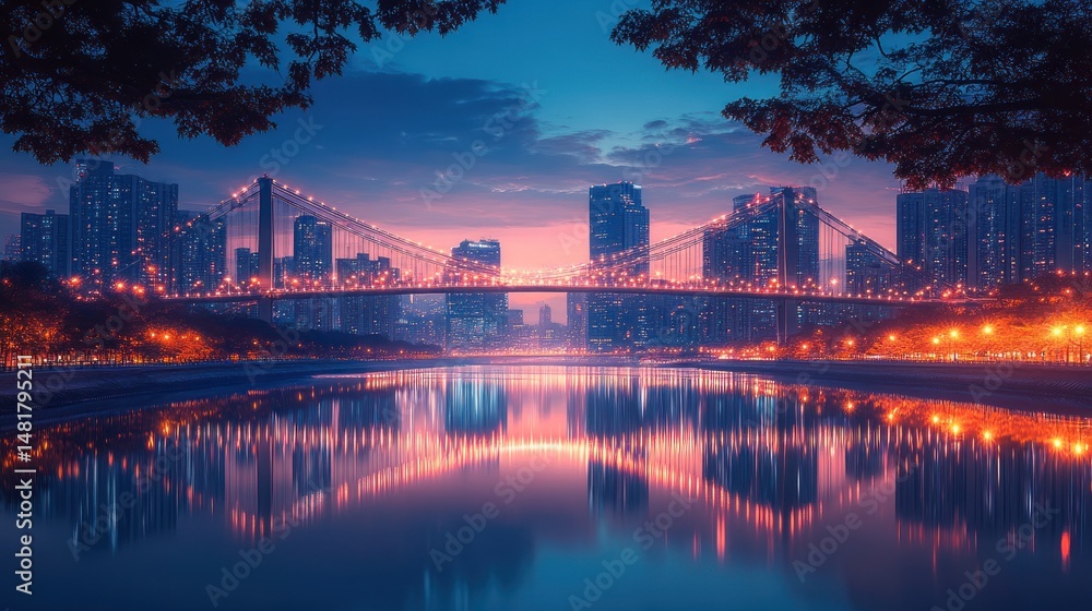 Fototapeta premium A vibrant cityscape at dusk reflected in a tranquil river.