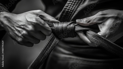 Hands tying martial arts belt black belt karate taekwondo judo aikido training self defense discipline fitness strength honor respect tradition achievement tying knot