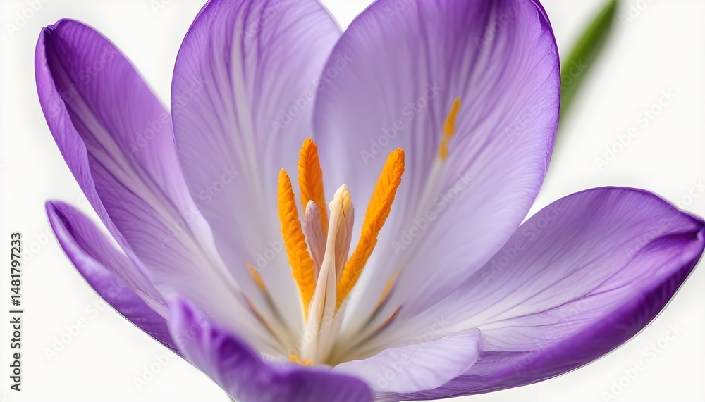 Vibrant close-up of a purple crocus flower, displaying intricate details against a white backdrop. Vibrant close-up of a purple crocus flower, displaying intricate details against a white backdrop.