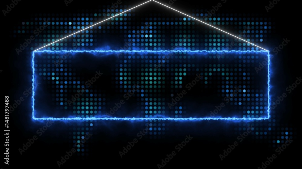 illustration features a bright, electric blue rectangular frame with a triangular top section, reminiscent of a stylized tag or banner illustration features a bright, electric blue rectangular frame with a triangular top section, reminiscent of a stylized tag or banner