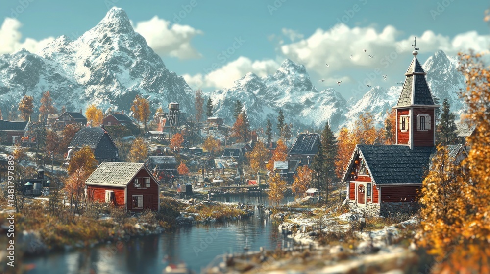 Obraz premium Scenic mountain village nestled in a valley with autumn colors.
