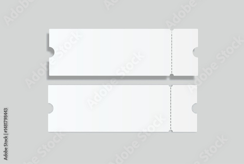 Realistic 3D Ticket Mockup with one stud rip line. Blank template design for lottery coupon, voucher, entertainment show, event, concert, boarding pass, discount, flyer isolated on background. Vector
