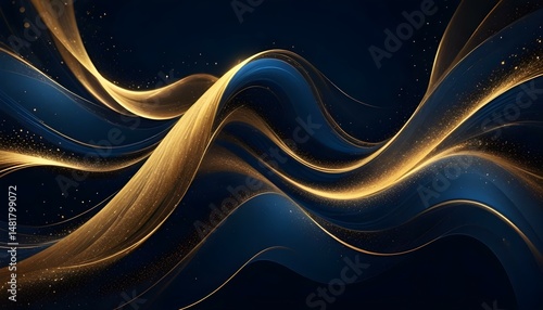 A captivating abstract artwork with flowing gold ribbons over a deep blue backdrop with sparkles.